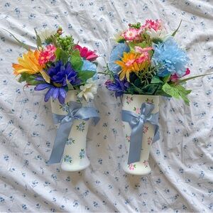 (2) Floral Painted Vases with Colorful Faux Flowers